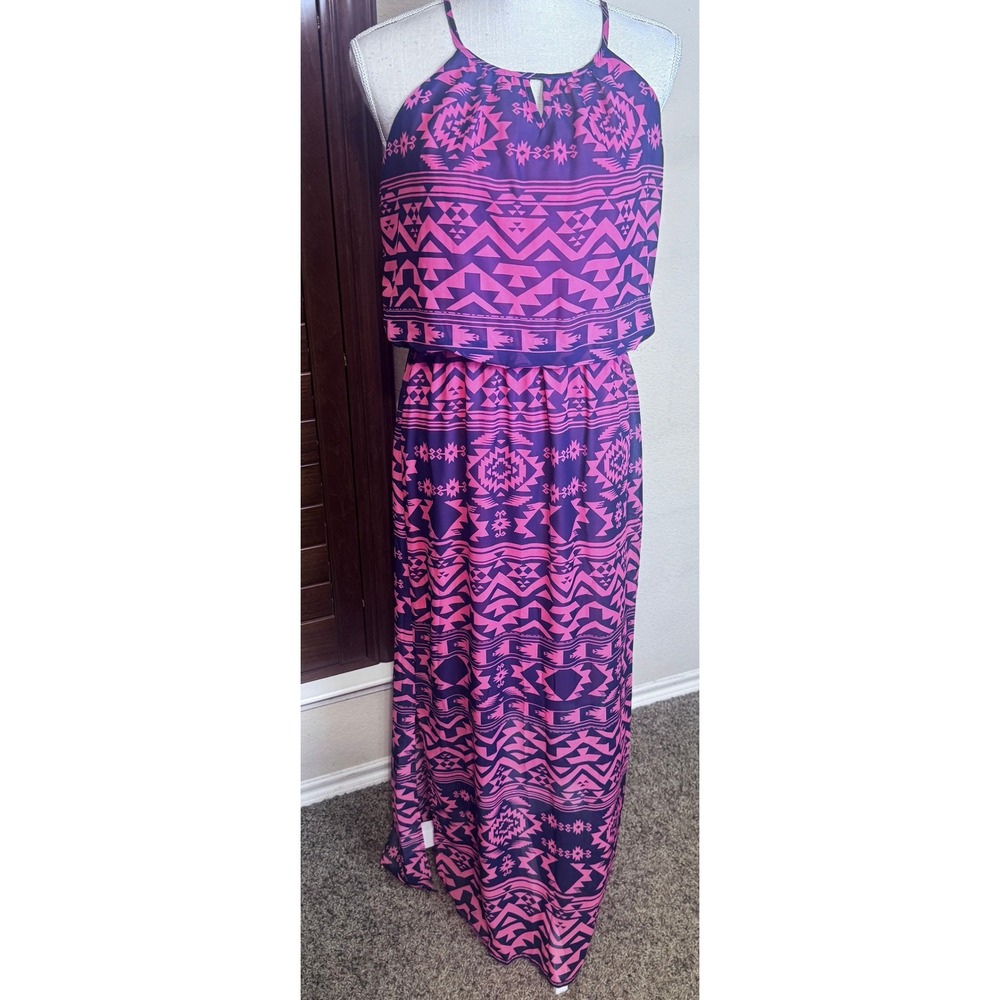NWT No Boundaries Purple Pink Aztec Geometric Halter Maxi Dress Juniors M Boho